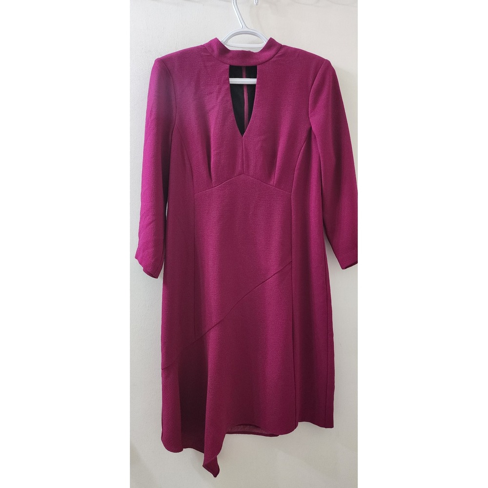 Magenta Mock Neck Keyhole Asymmetrical Sheath Dress 3/4 Sleeve Pink